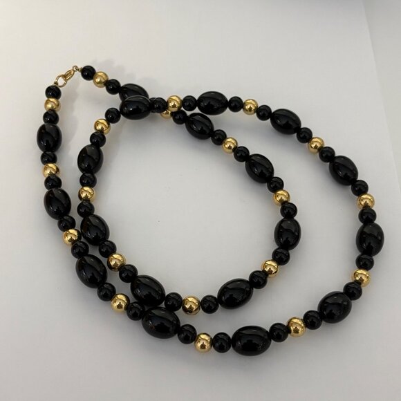 Black and Gold Tone Beaded Necklace Oval and Round Beads 30 in Classic Versatile - Picture 8 of 8